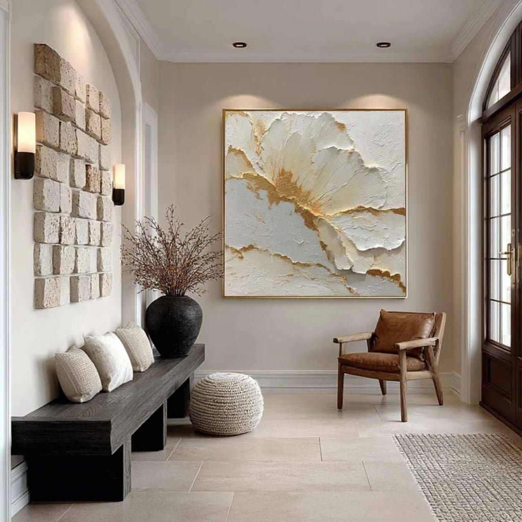 3D Heavy Texture White & Gold Leaf Floral Oil Painting CZ0106 - Viral Wall Art